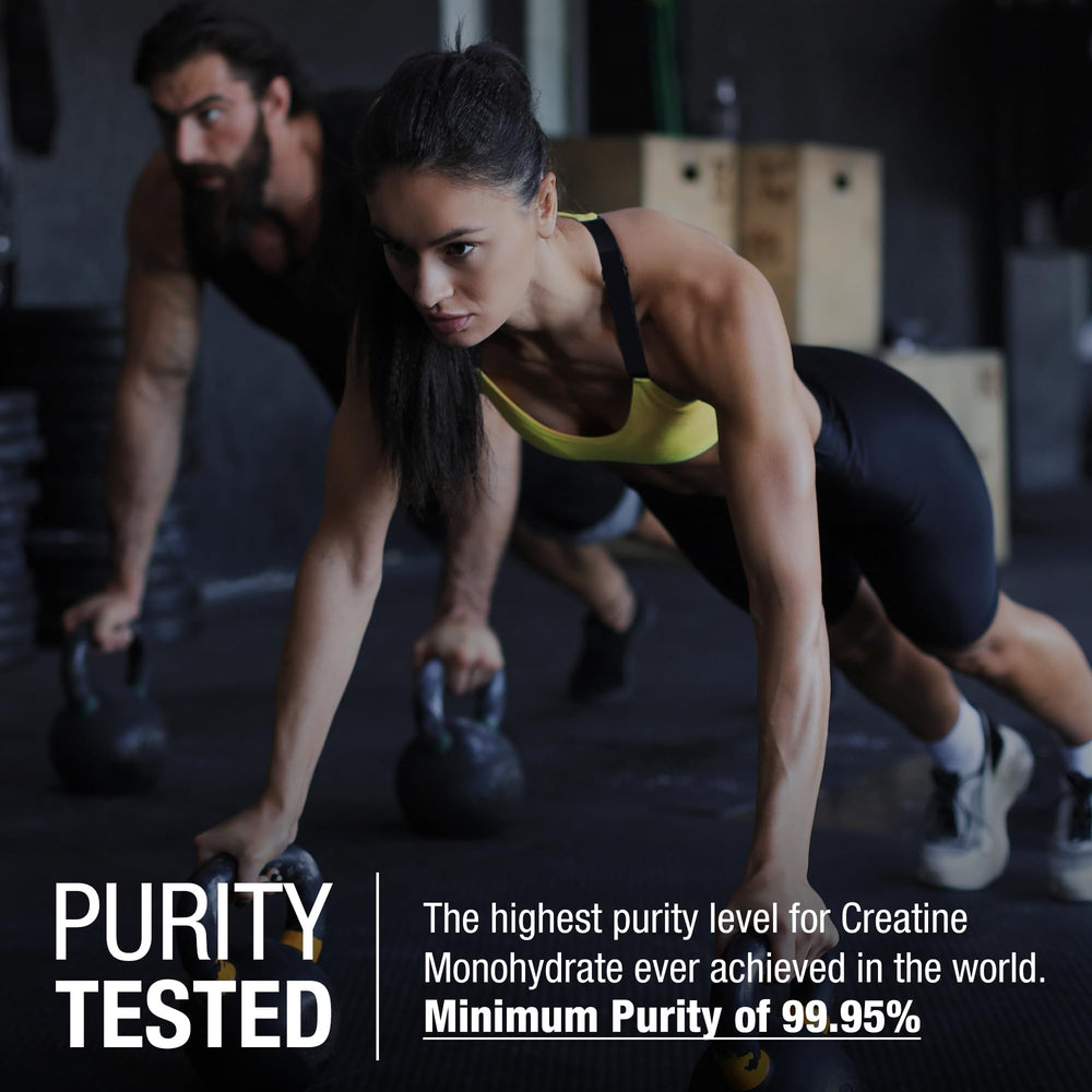 German Creatine unflavored powder dispensing scoop for convenient pre-workout fueling.