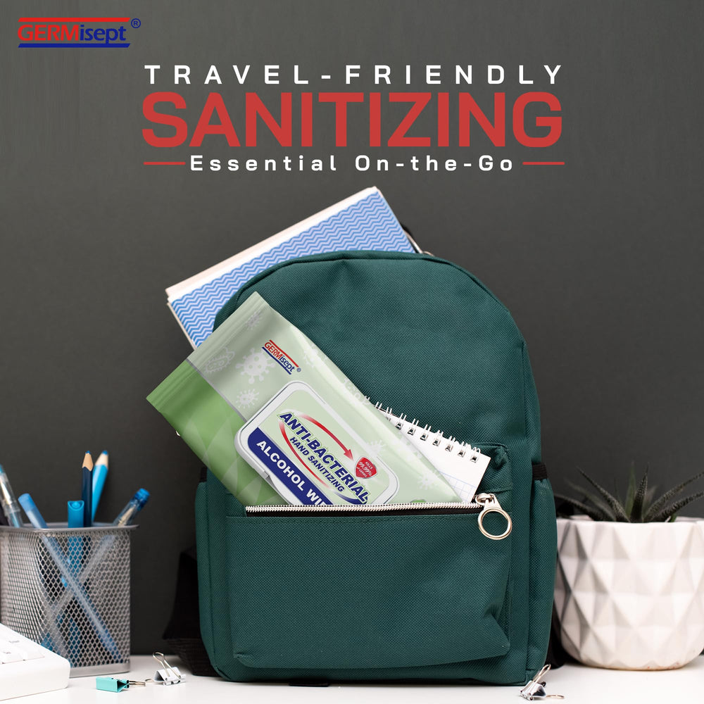 Envase compacto de 50 toallitas Germisept para viaje y desplazamientos.