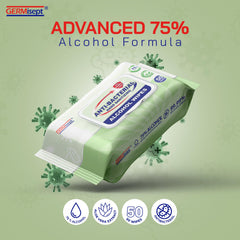 Toallitas Germisept de 50 unidades en formato portátil para uso diario.