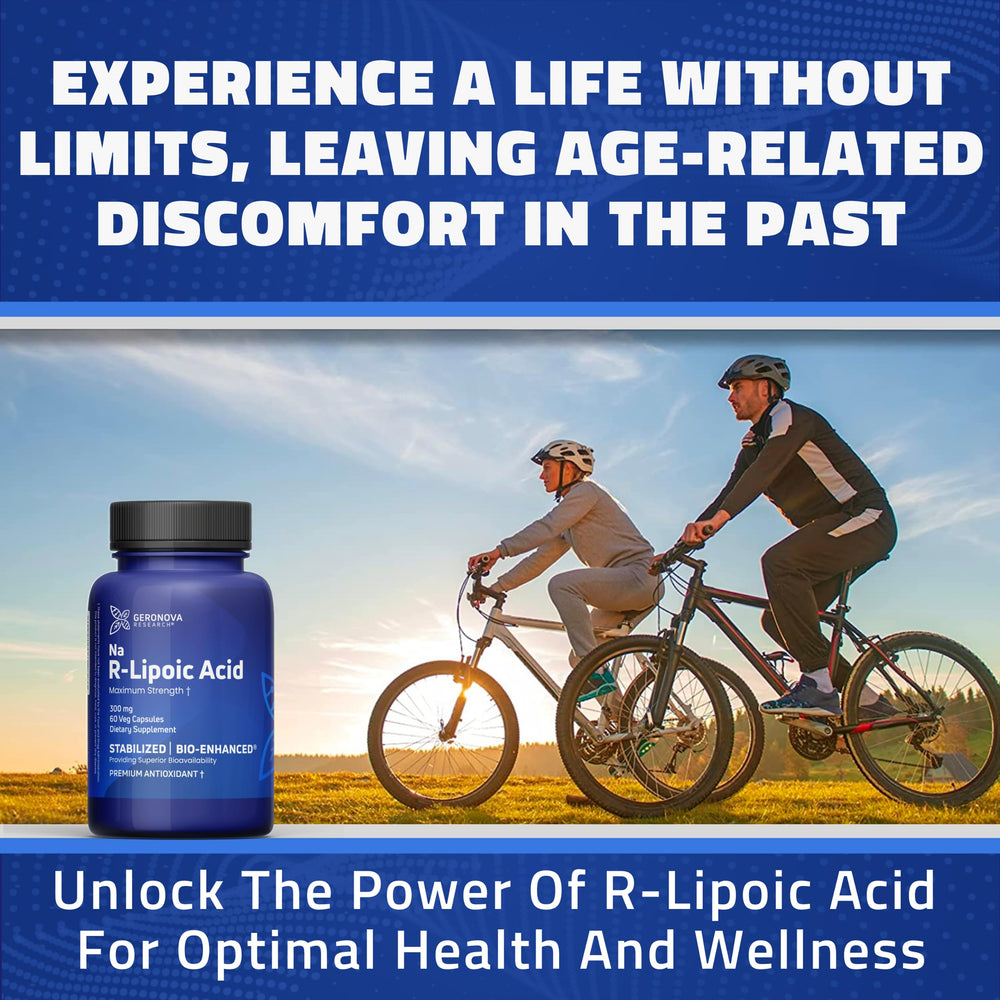 Geronova Research Bio-Enhanced R-Lipoic Acid box label emphasizing purity and quality.