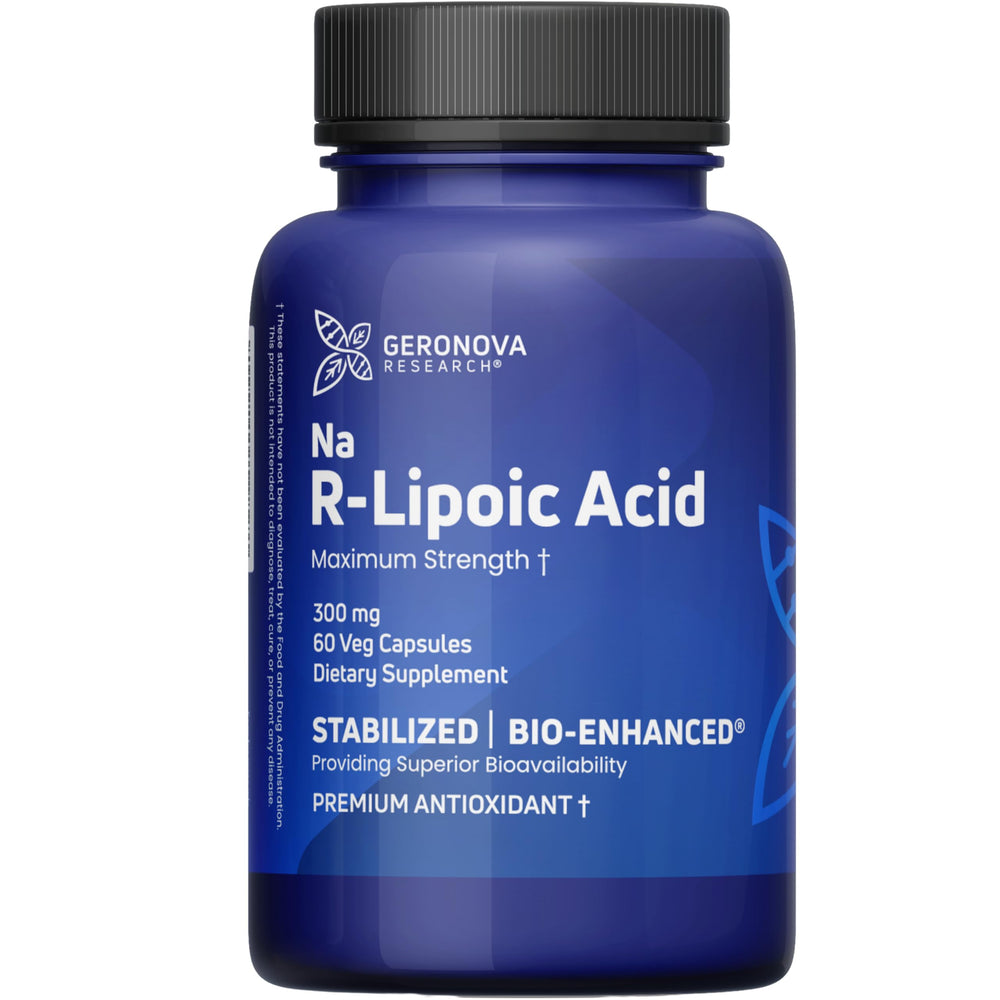 Geronova Research Bio-Enhanced R-Lipoic Acid capsules bottle front, highlighting enhanced absorption.