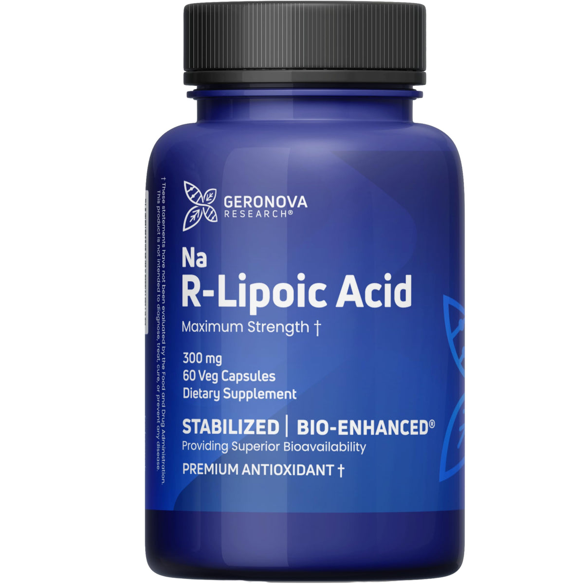 Geronova Research Bio-Enhanced R-Lipoic Acid capsules bottle front, highlighting enhanced absorption.