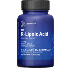 Geronova Research Bio-Enhanced R-Lipoic Acid capsules bottle front, highlighting enhanced absorption.