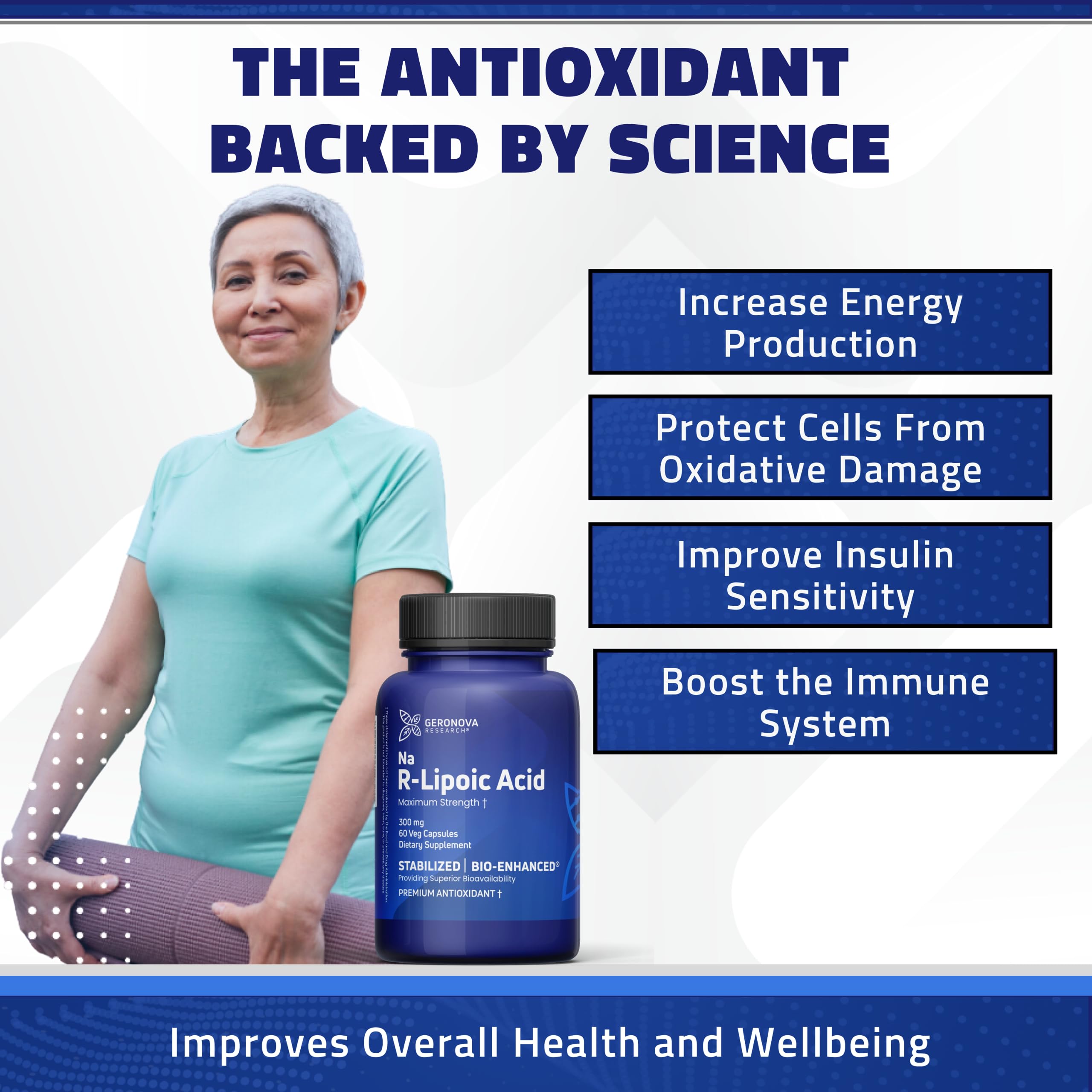Geronova Research Bio-Enhanced R-Lipoic Acid capsule close-up, compact for easy daily intake.