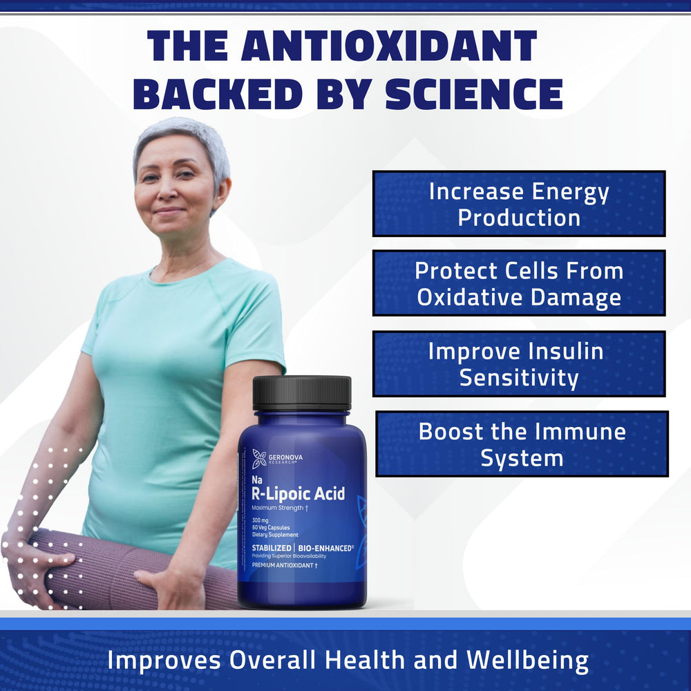 Geronova Research Bio-Enhanced R-Lipoic Acid capsule close-up, compact for easy daily intake.