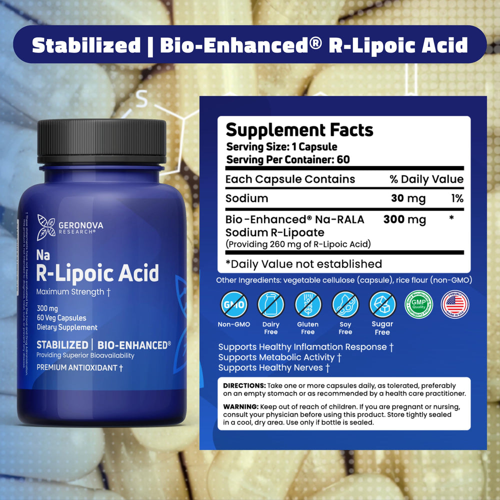 Geronova Research Bio-Enhanced R-Lipoic Acid ingredients panel highlights gluten-free and non-GMO.