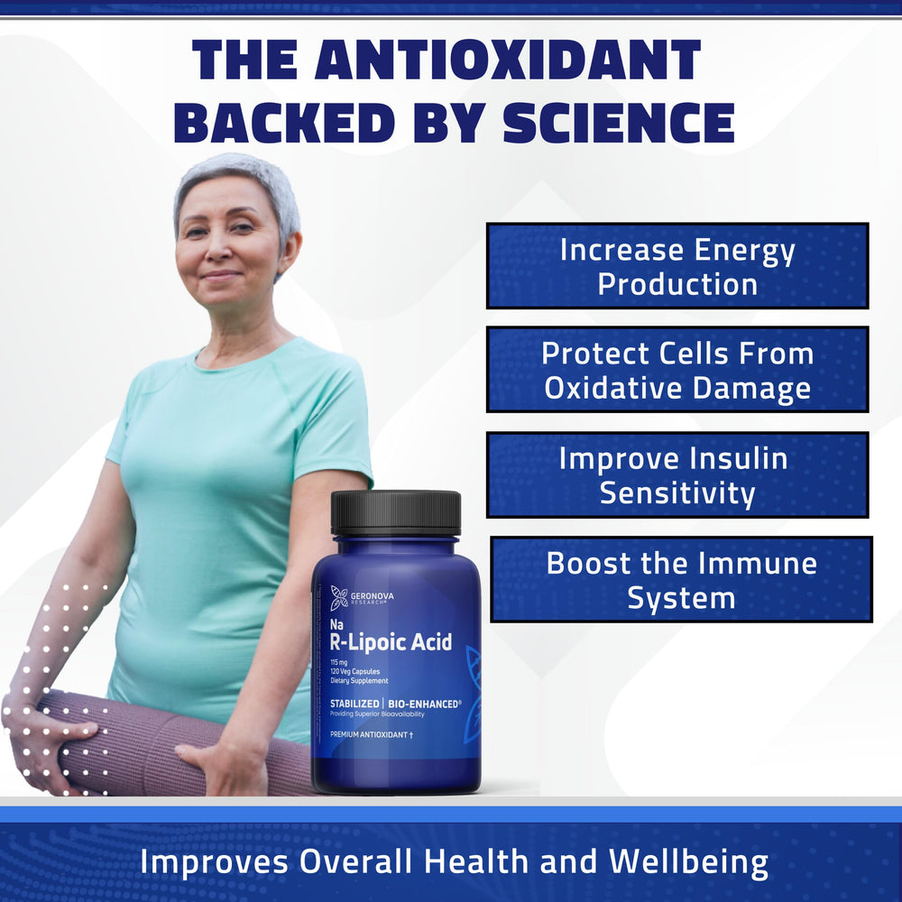 Geronova bottle label detail emphasizes stabilized R-alpha-lipoic acid.
