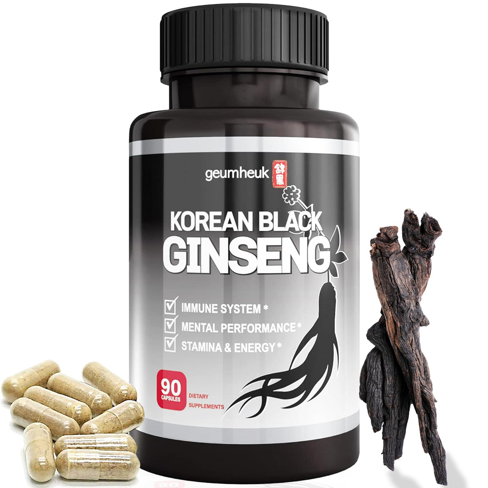 GeumHeuk Korean Black Panax Ginseng capsules 90-count on bottle, potential immune support.