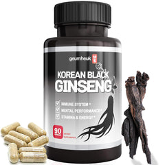 GeumHeuk Korean Black Panax Ginseng capsules 90-count on bottle, potential immune support.