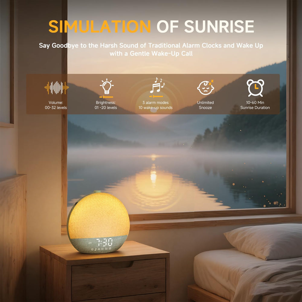 Geuuap Sunrise Alarm Clock display panel shows sunrise progress and controls