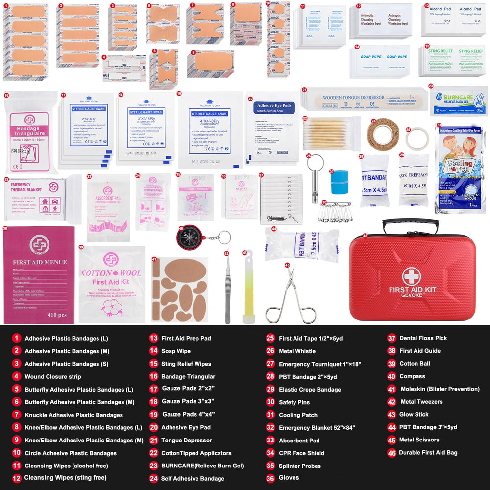 Gevoke first-aid-kit compartments open showing five transparent sections