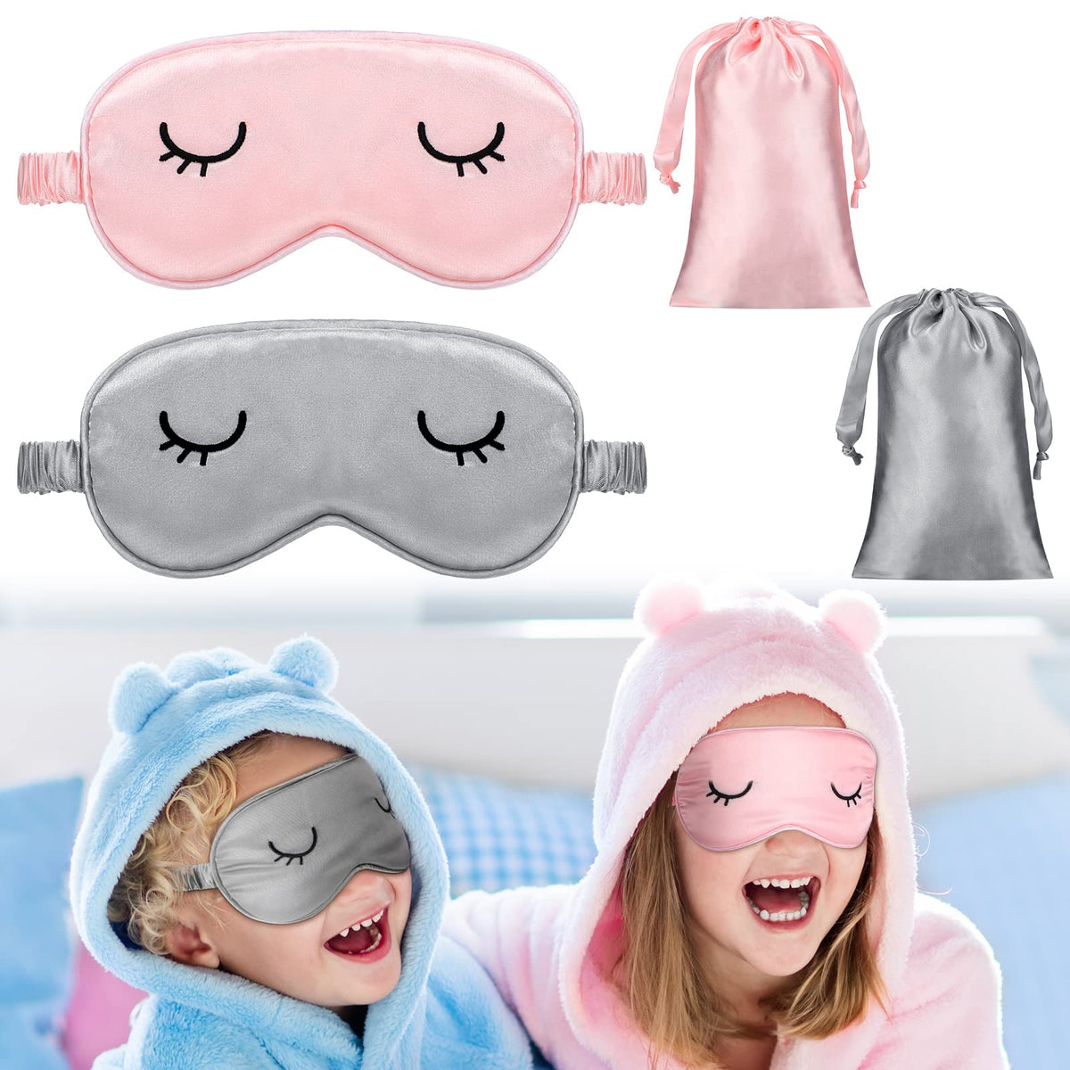 Geyoga kids silk eye mask gray pink close-up showing skin-friendly fabric