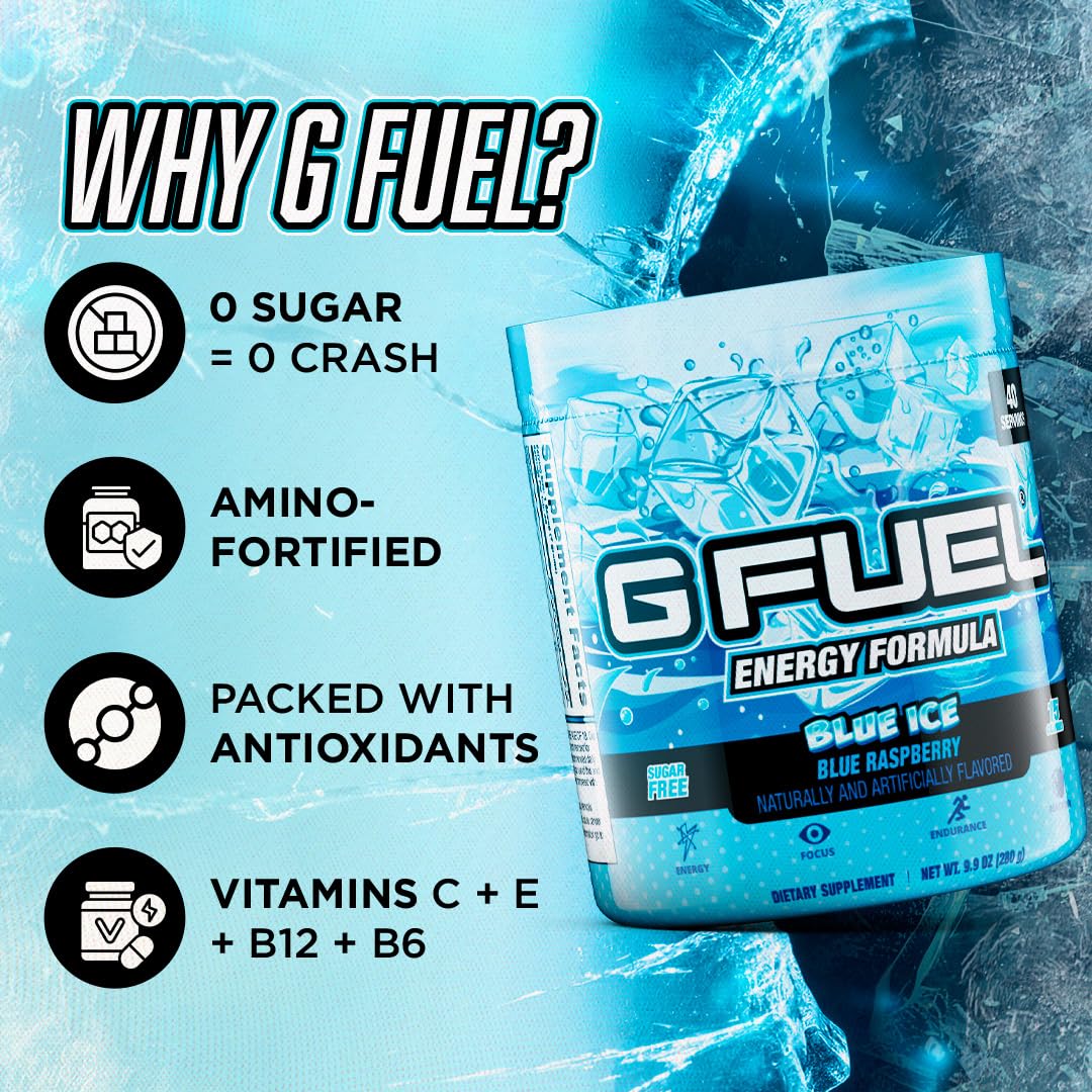 G Fuel Blue Ice packaging closeup signals sugar-free, low-calorie formula.