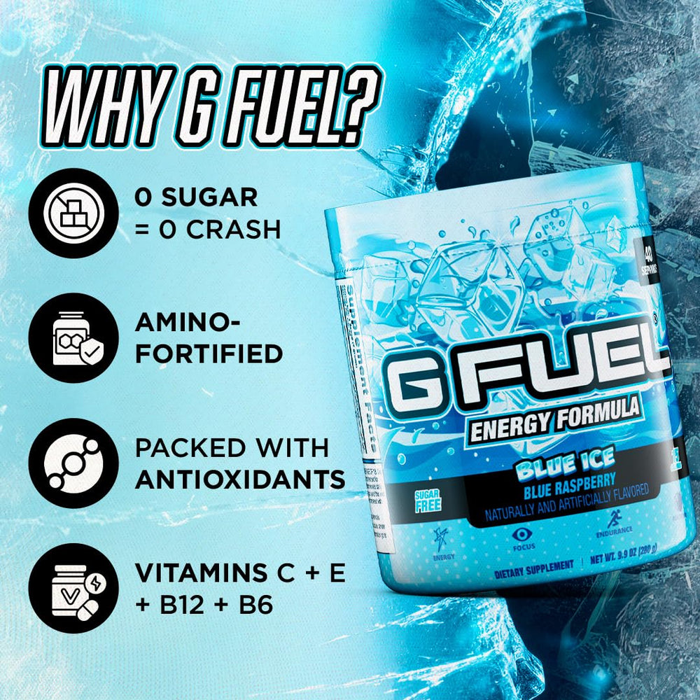 G Fuel Blue Ice packaging closeup signals sugar-free, low-calorie formula.