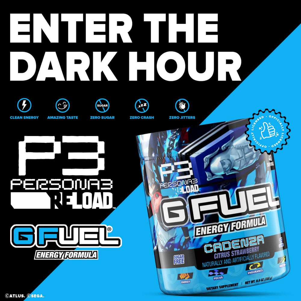 G Fuel Cadenza label closeup highlighting zero sugar and vitamins.