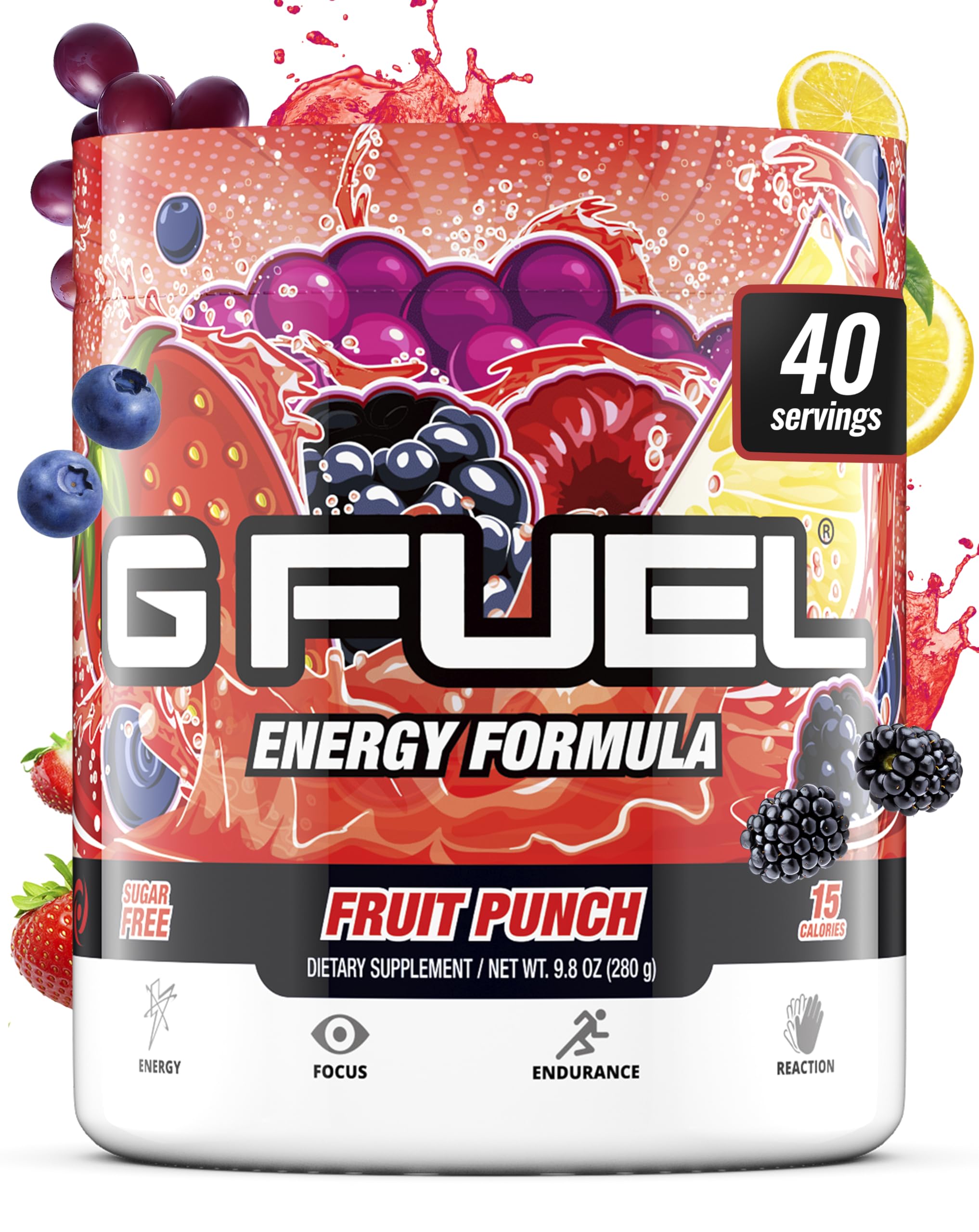 G Fuel Fruit Punch energy powder bottle highlights sugar-free formula for steady focus.