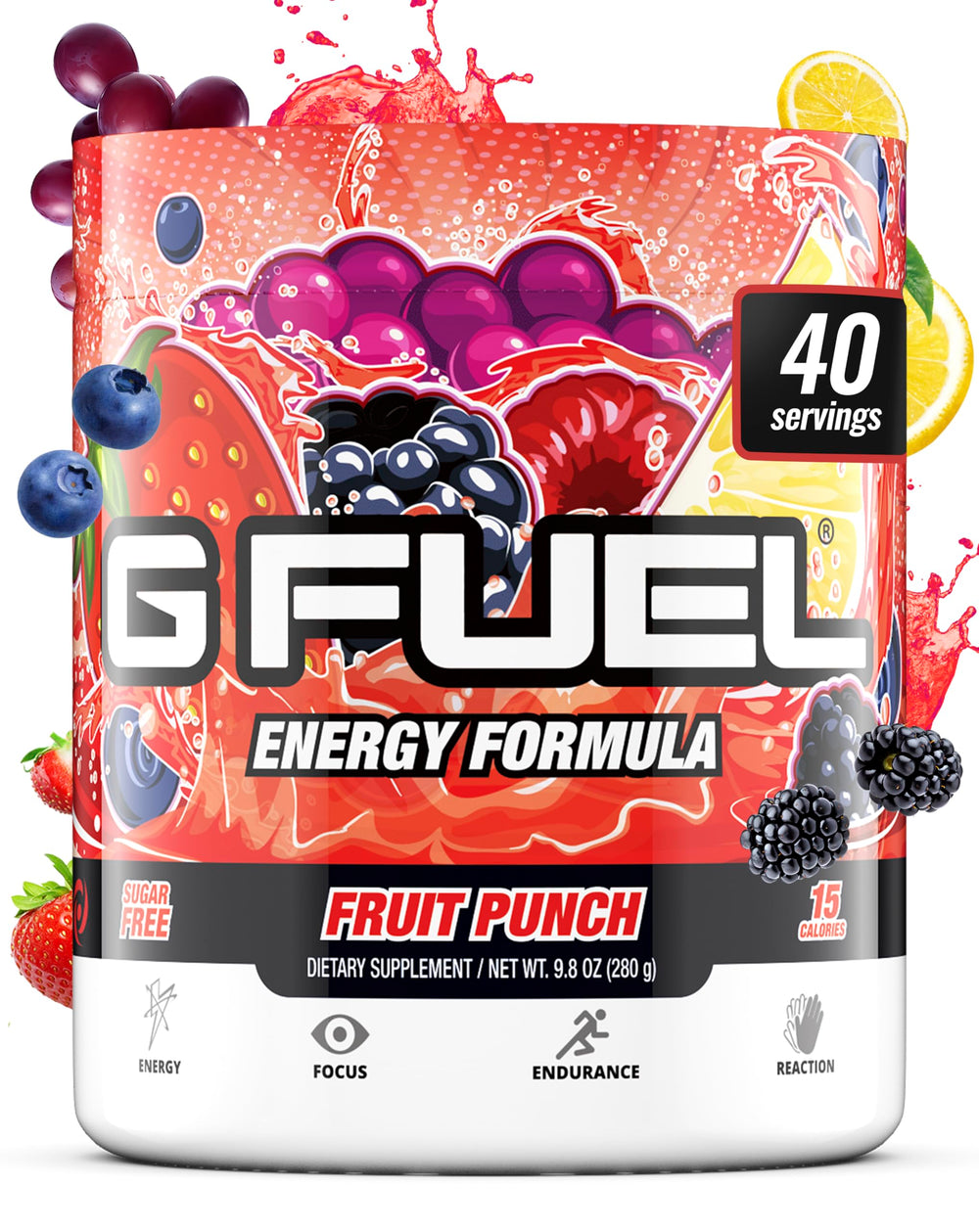 G Fuel Fruit Punch energy powder bottle highlights sugar-free formula for steady focus.