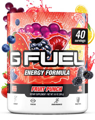 G Fuel Fruit Punch energy powder bottle highlights sugar-free formula for steady focus.
