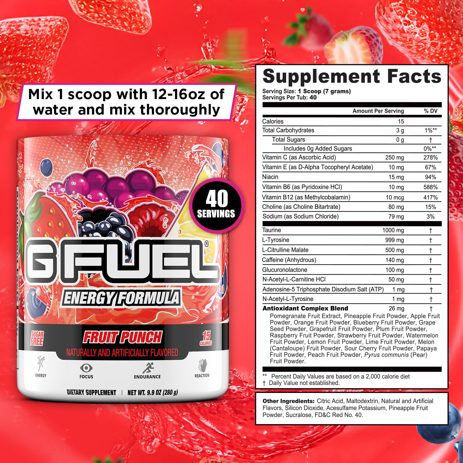 G Fuel Fruit Punch tub label featuring antioxidants from 18 fruits.