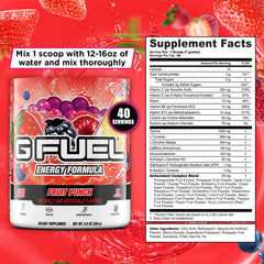 G Fuel Fruit Punch tub label featuring antioxidants from 18 fruits.