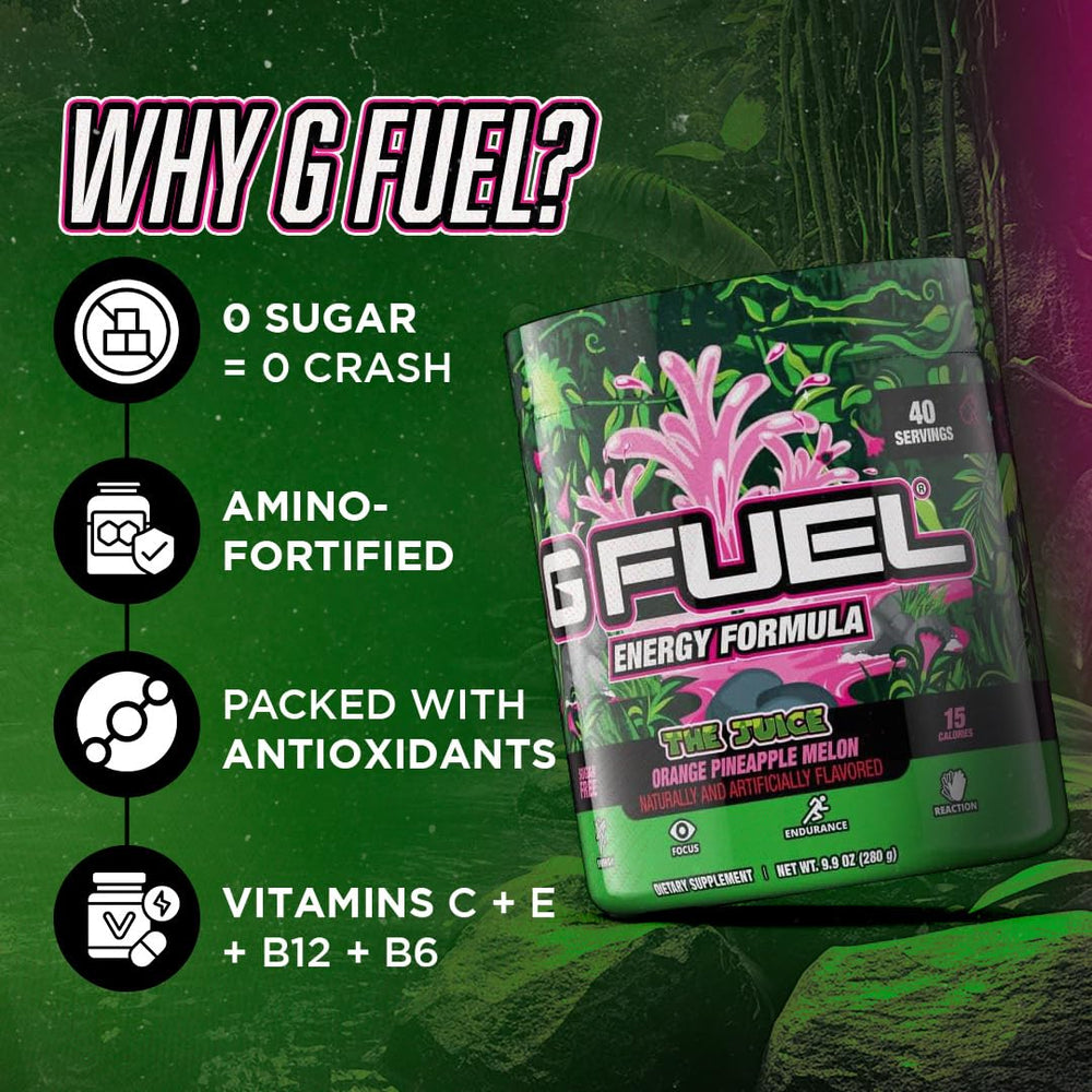 G Fuel The Juice setup beside a gaming keyboard signals a quick pre-game ritual.
