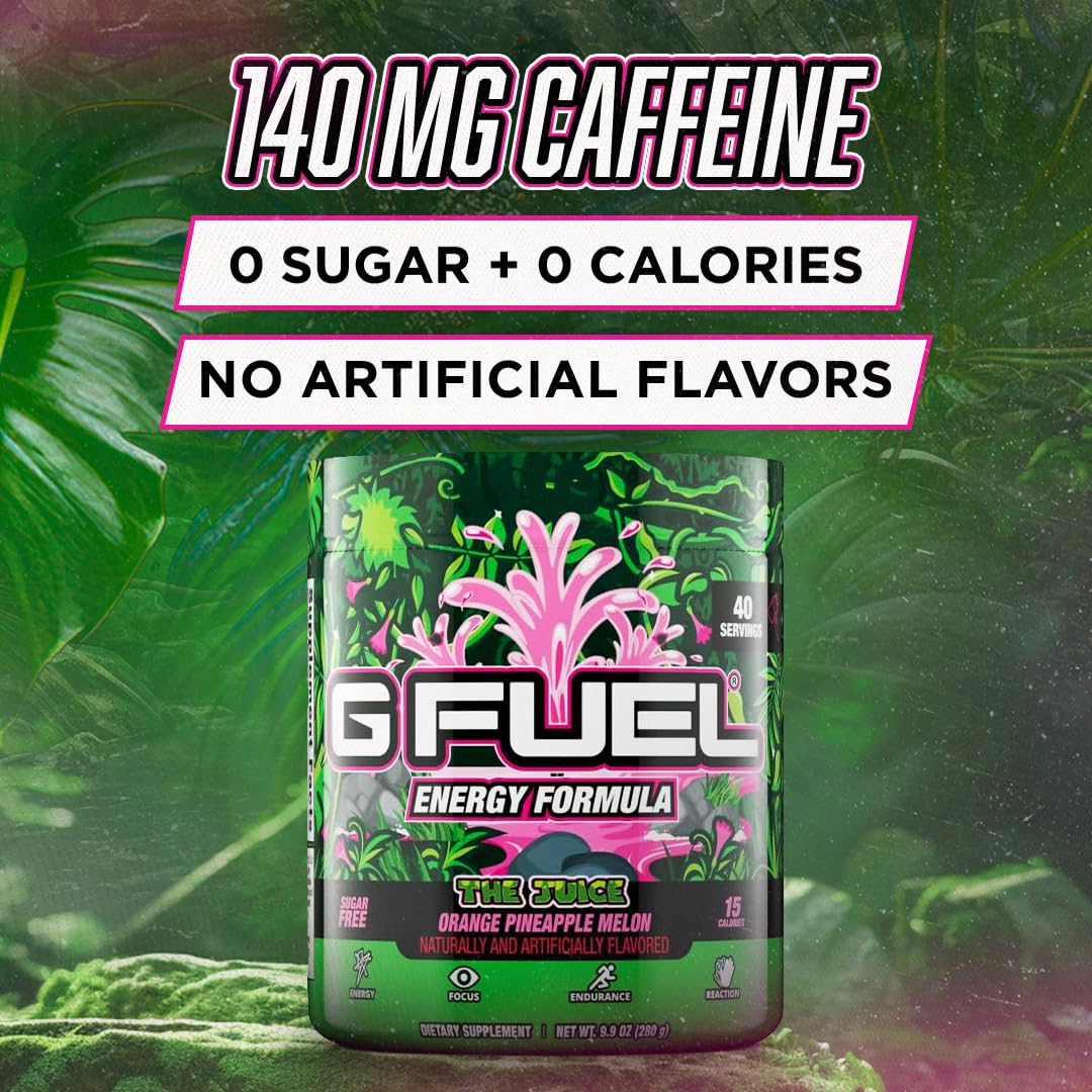 G Fuel The Juice being poured into a glass highlights convenient, sugar-free energy on demand.