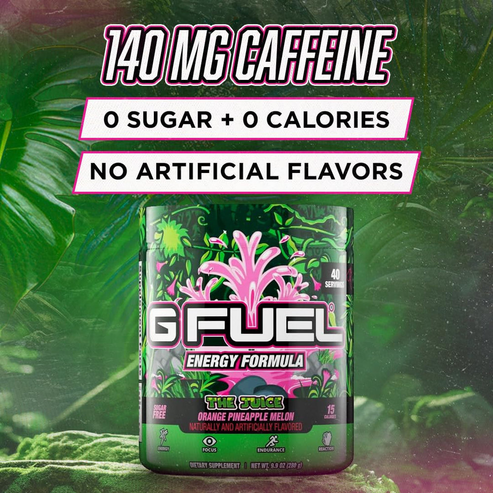G Fuel The Juice being poured into a glass highlights convenient, sugar-free energy on demand.