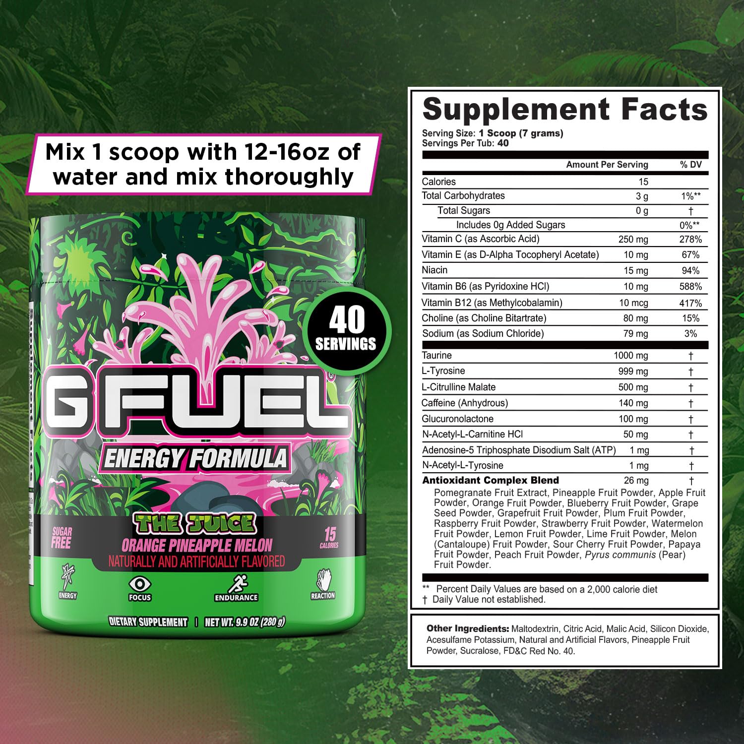 G Fuel The Juice tropical fruit punch label emphasizes antioxidant and vitamin support for daily performance.