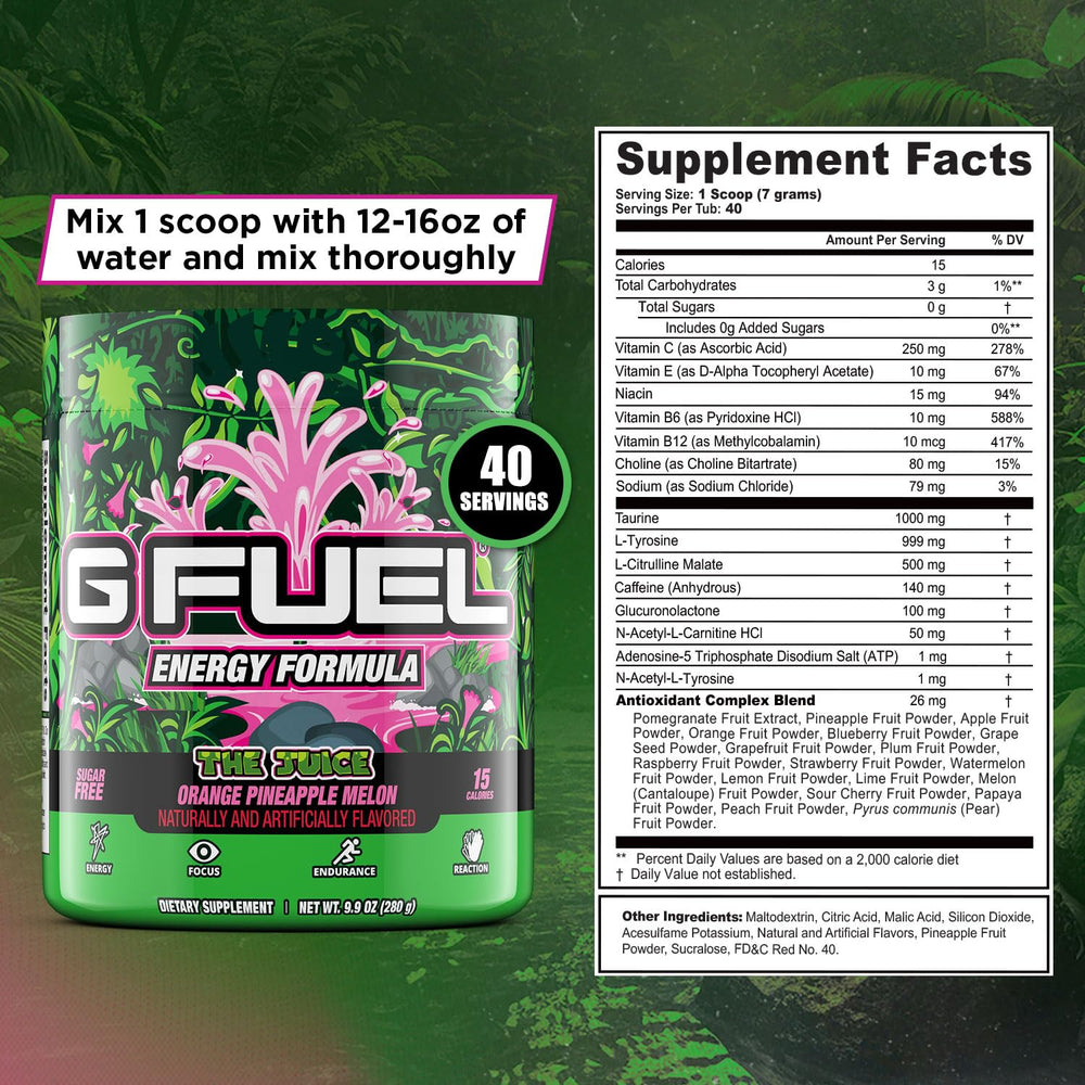 G Fuel The Juice tropical fruit punch label emphasizes antioxidant and vitamin support for daily performance.