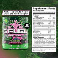 G Fuel The Juice tropical fruit punch label emphasizes antioxidant and vitamin support for daily performance.