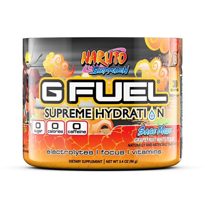 G Fuel Naruto Sage Supreme Hydration tub lid highlighting electrolytes and vitamins.