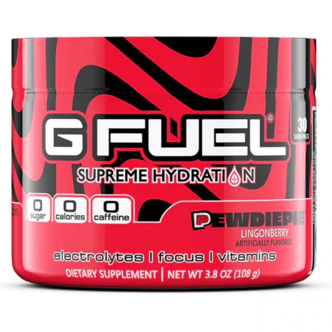 G Fuel PewDiePie Supreme Hydration lingonberry powder for post-workout hydration and focus.