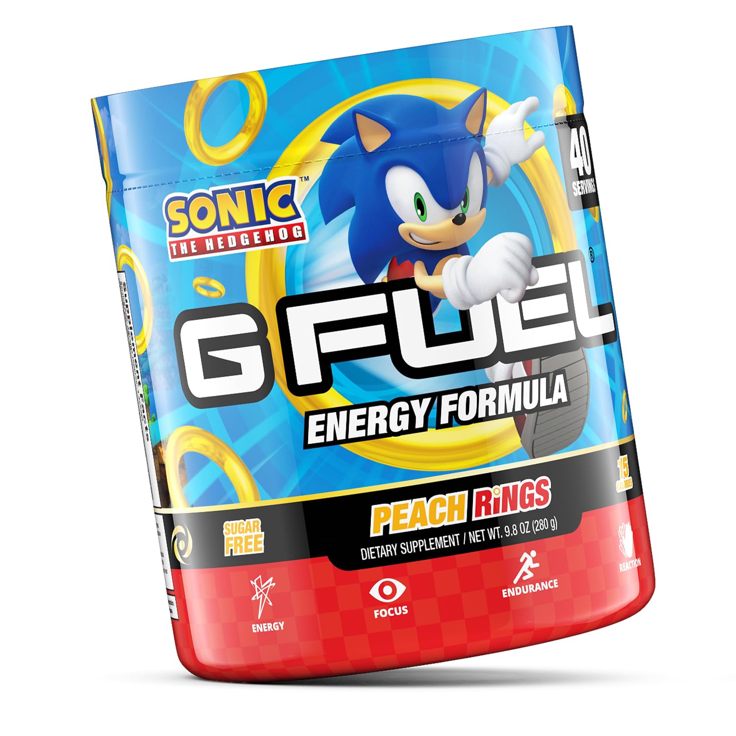 Close-up of G Fuel Sonic Peach Rings label highlighting zero sugar and vitamin blend