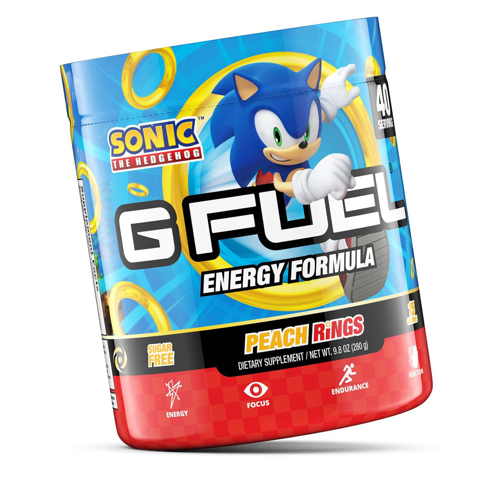 Close-up of G Fuel Sonic Peach Rings label highlighting zero sugar and vitamin blend