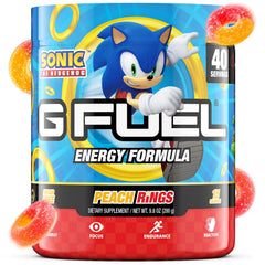 G Fuel Sonic Peach Rings tub displaying flavor and 40 servings for gamers