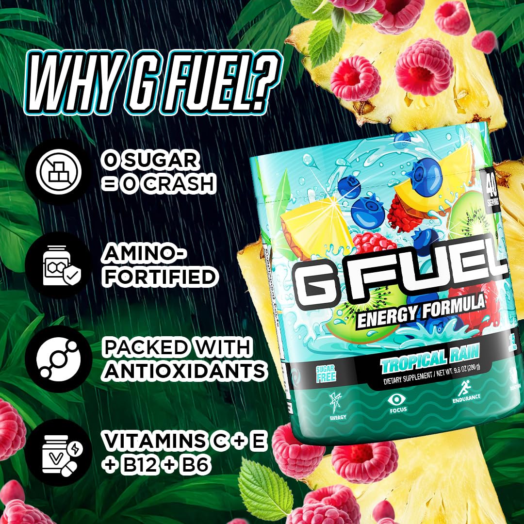 G Fuel Tropical Rain on a gaming desk setup for focused play