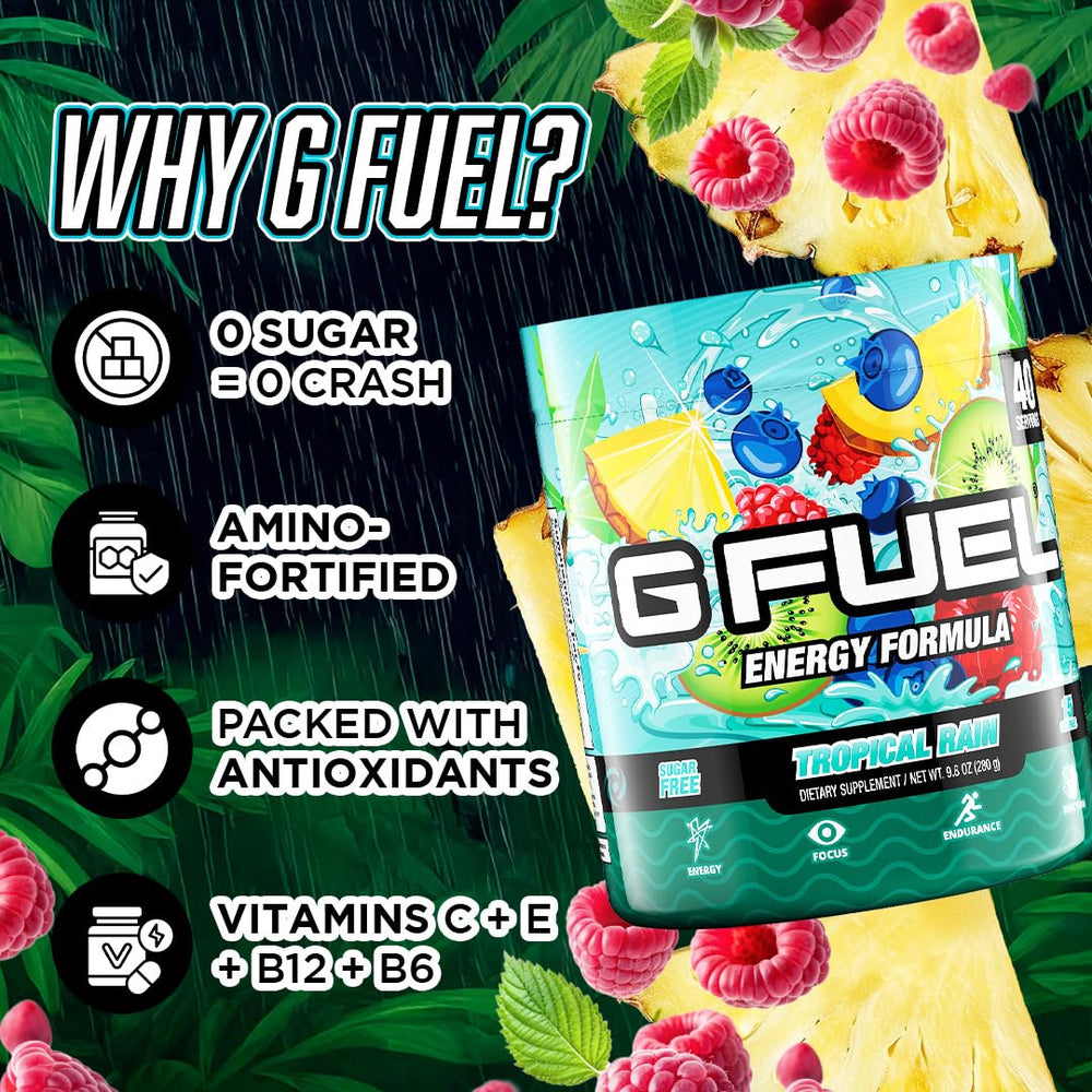 G Fuel Tropical Rain on a gaming desk setup for focused play
