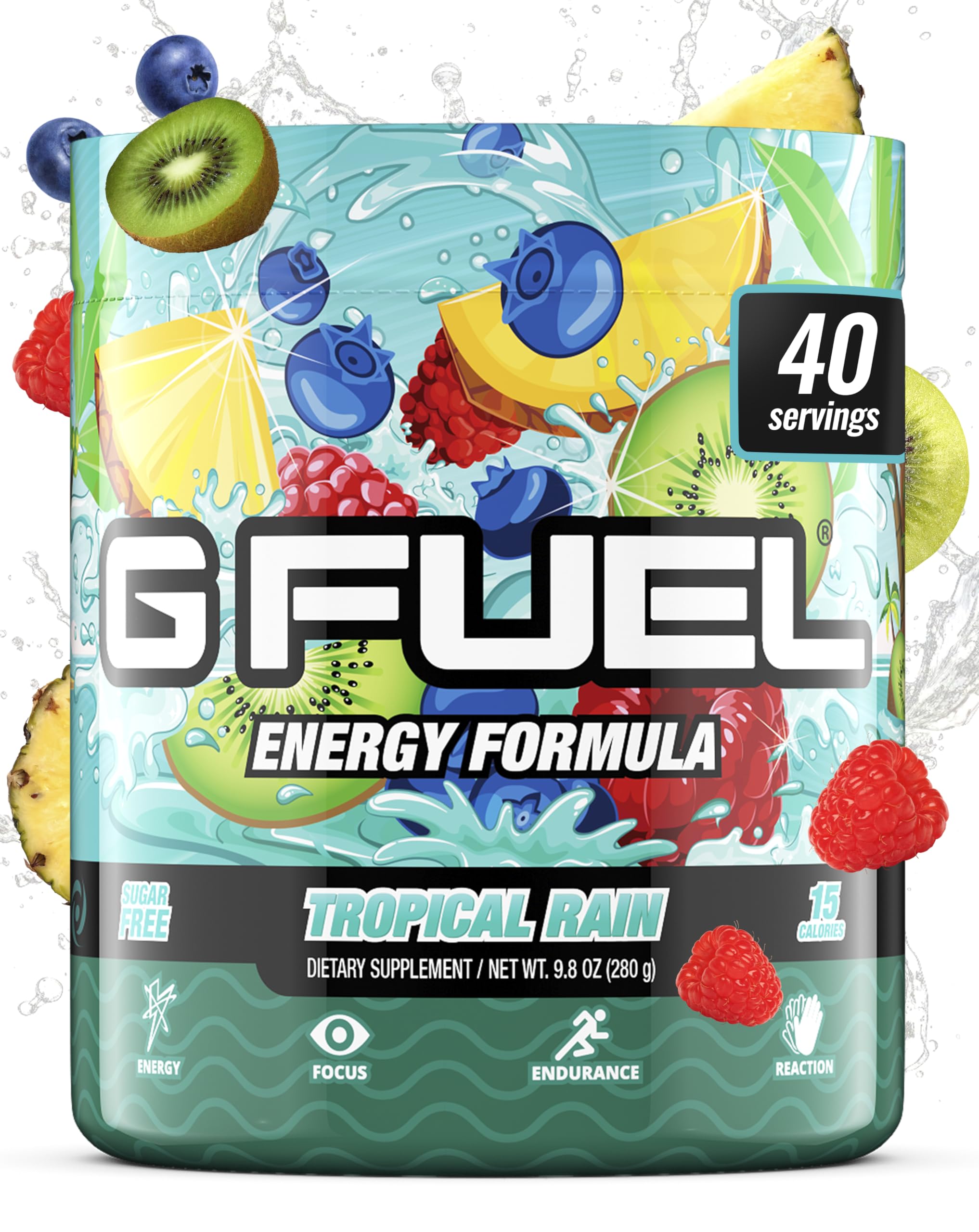 G Fuel Tropical Rain powder in a jar for refreshing focus during gaming