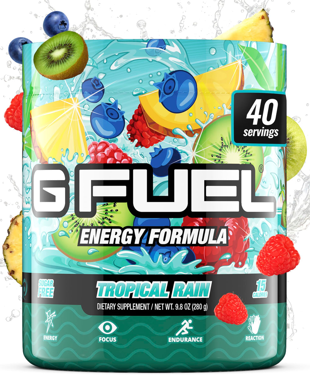 G Fuel Tropical Rain powder in a jar for refreshing focus during gaming