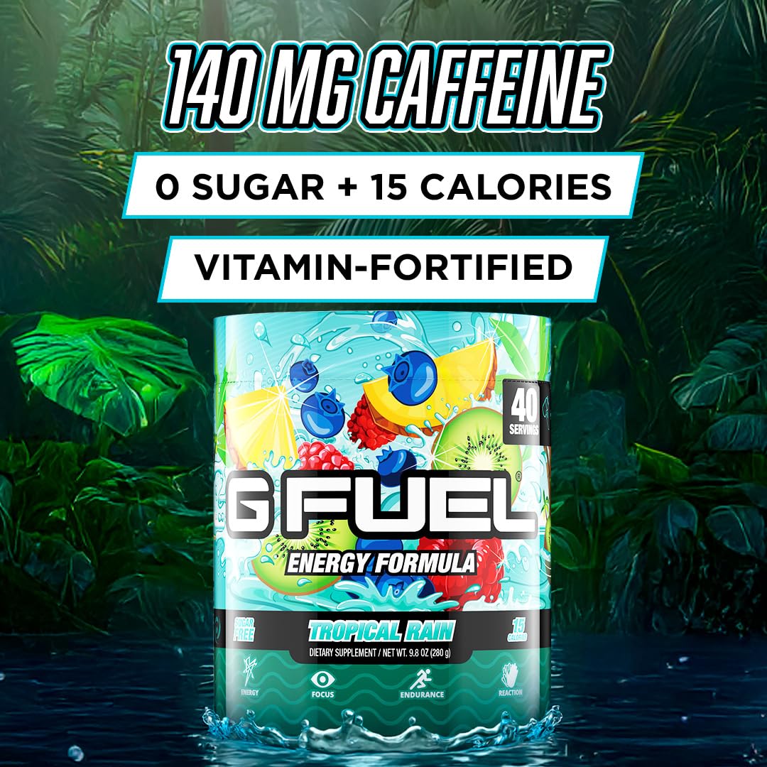 G Fuel Tropical Rain tub label highlights pineapple-raspberry flavor profile