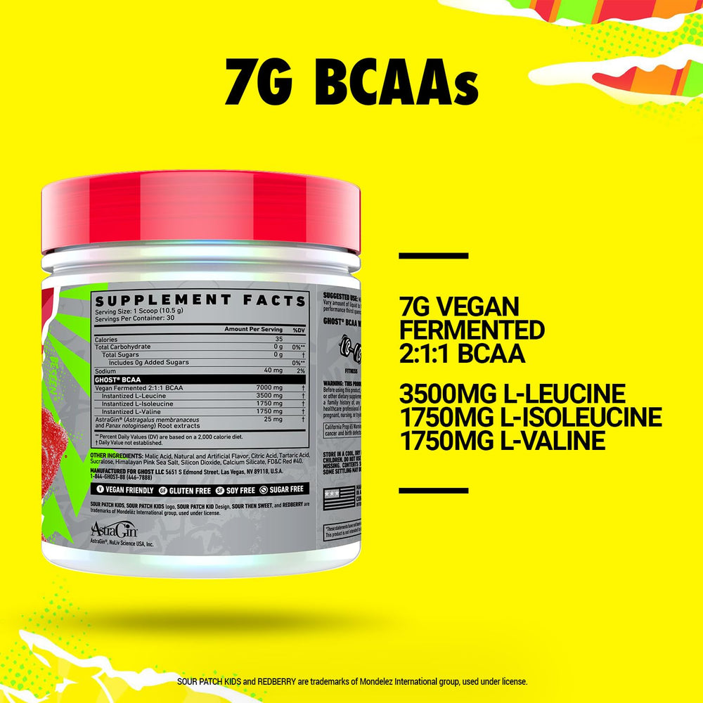 GHOST BCAA Sour Patch Kids Redberry tub serving for post-workout recovery