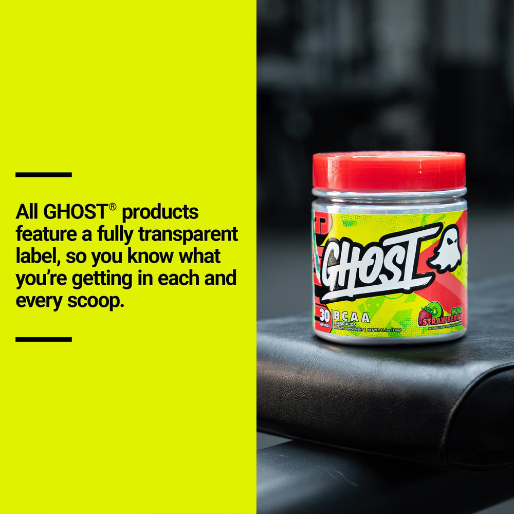 GHOST BCAA tub on gym bench ready-to-use post-workout support