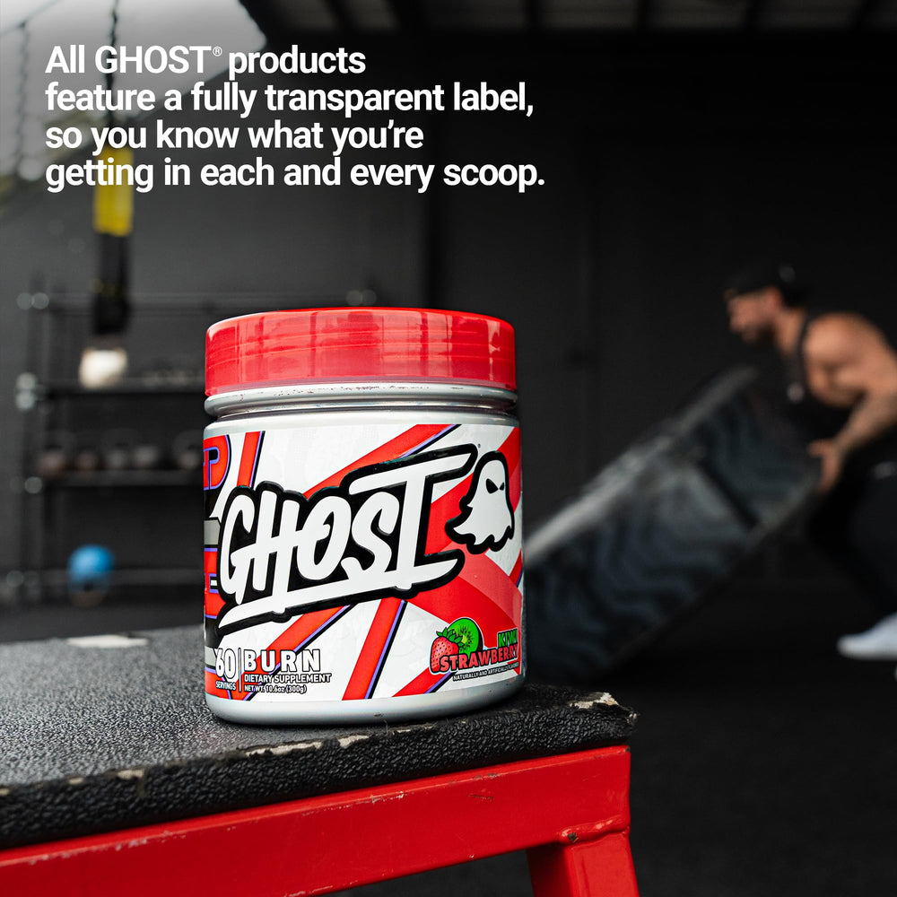 Close-up of GHOST Burn ingredients including caffeine and carnitine
