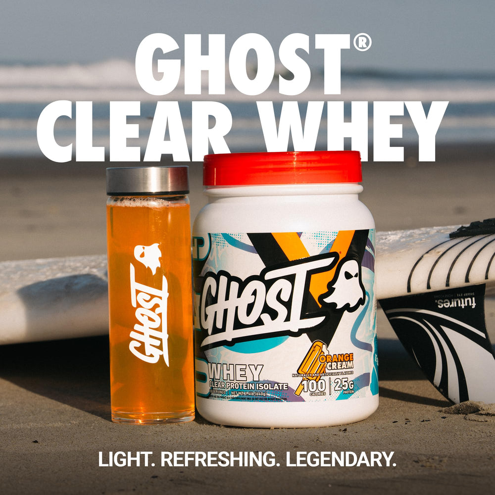 Ghost Clear Whey 25g per scoop highlights protein potency for workouts.