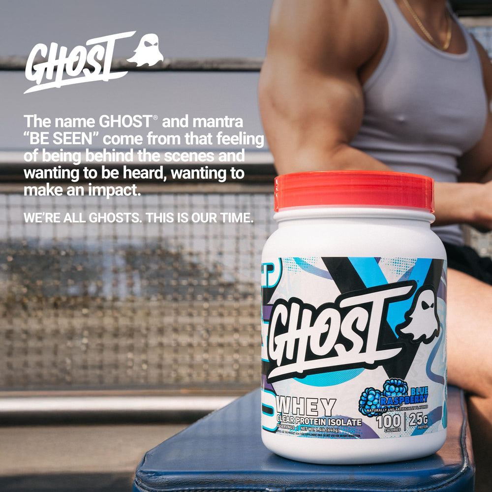 GHOST Clear Whey Isolate packaging highlighting transparent dose information