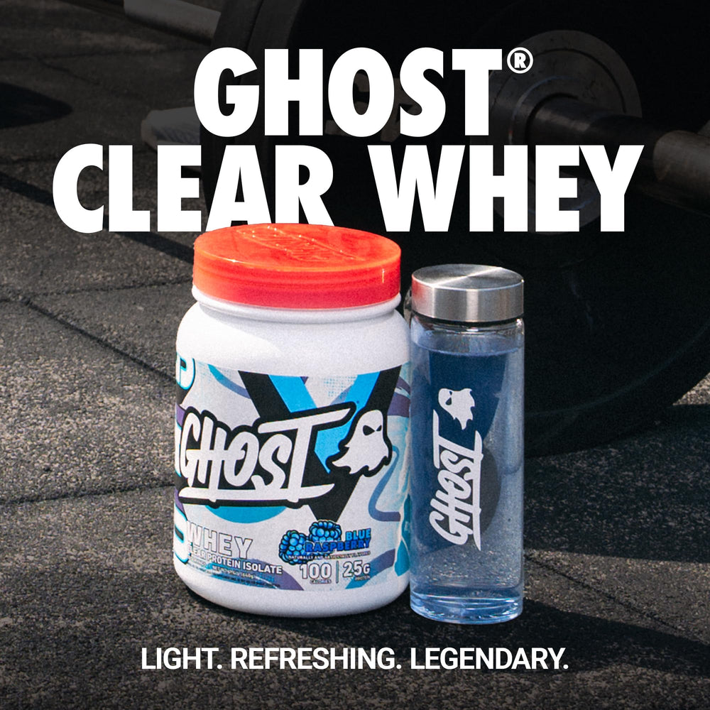 Scoop of GHOST Clear Whey Isolate Blue Raspberry being added to shaker for easy mixing
