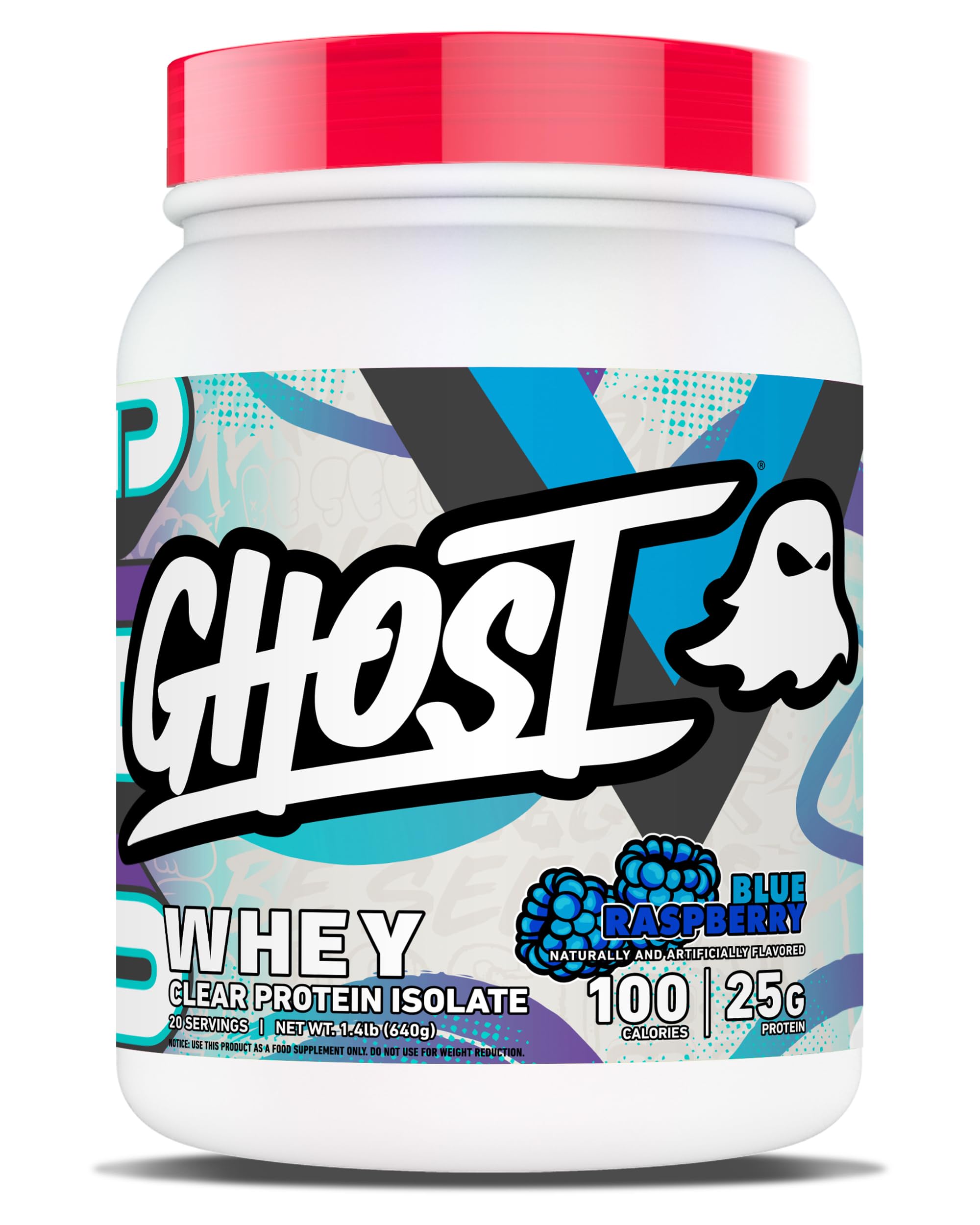 GHOST Clear Whey Isolate Blue Raspberry tub with transparent label for ingredient transparency