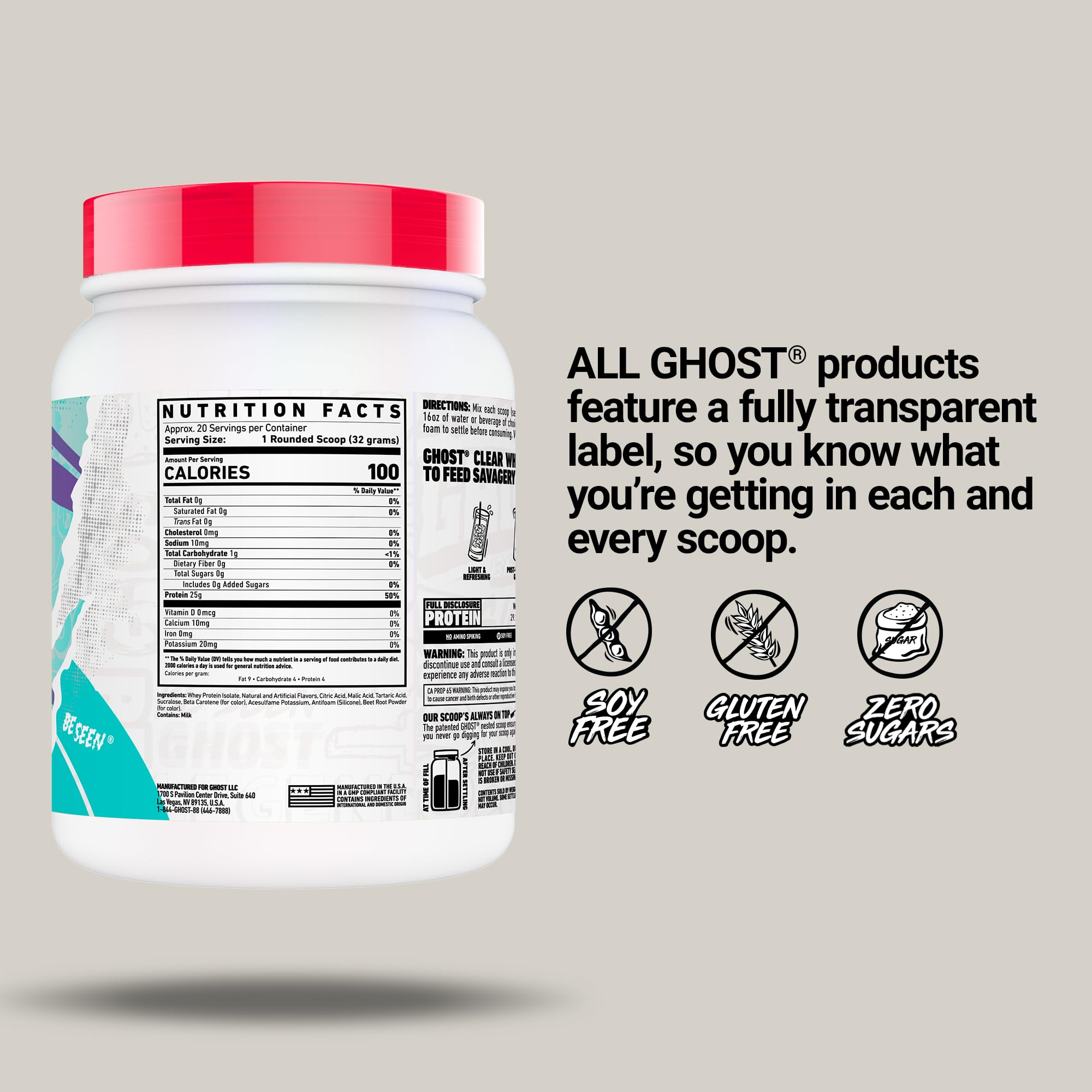 Ghost Clear Whey transparent label shows exact ingredients and dosing.