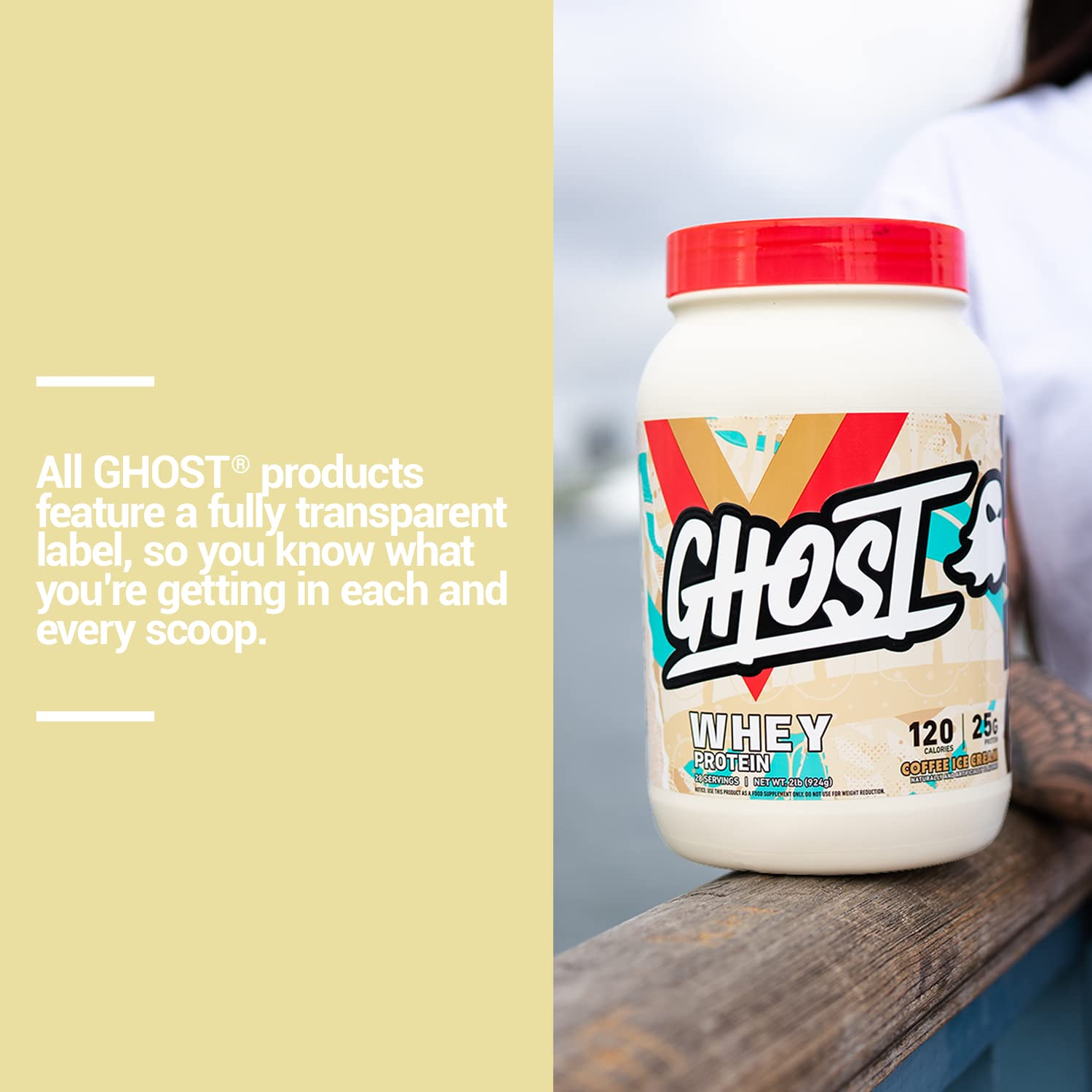 GHOST Coffee Ice Cream Whey container featuring digestive enzymes and clarity