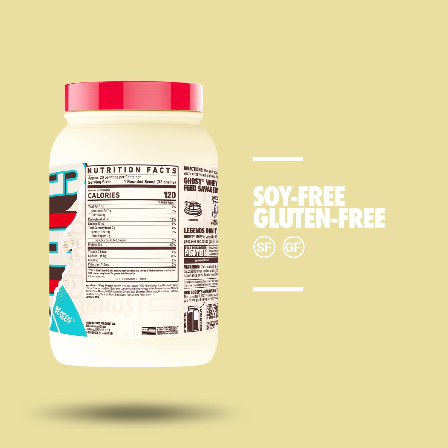 GHOST Whey label on bottle highlighting transparent ingredients and no proprietary blends